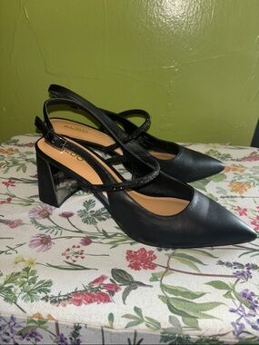 Aldo Black Pointed Slingback Block Heels with Strappy Detail
